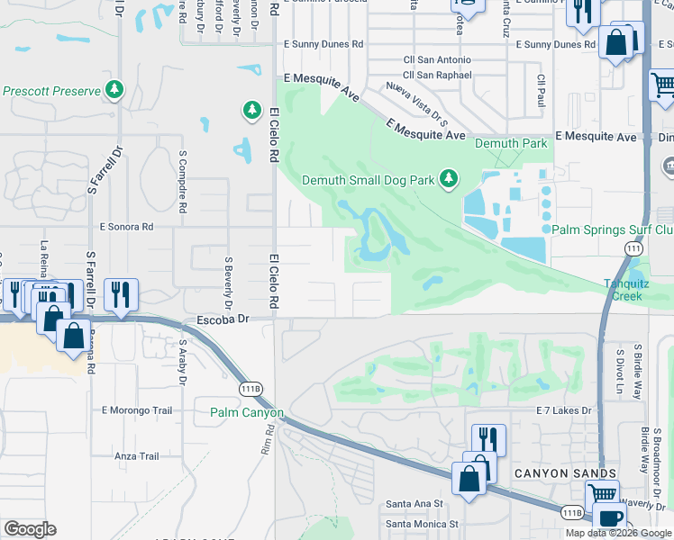 map of restaurants, bars, coffee shops, grocery stores, and more near 1495 Sonora Court in Palm Springs