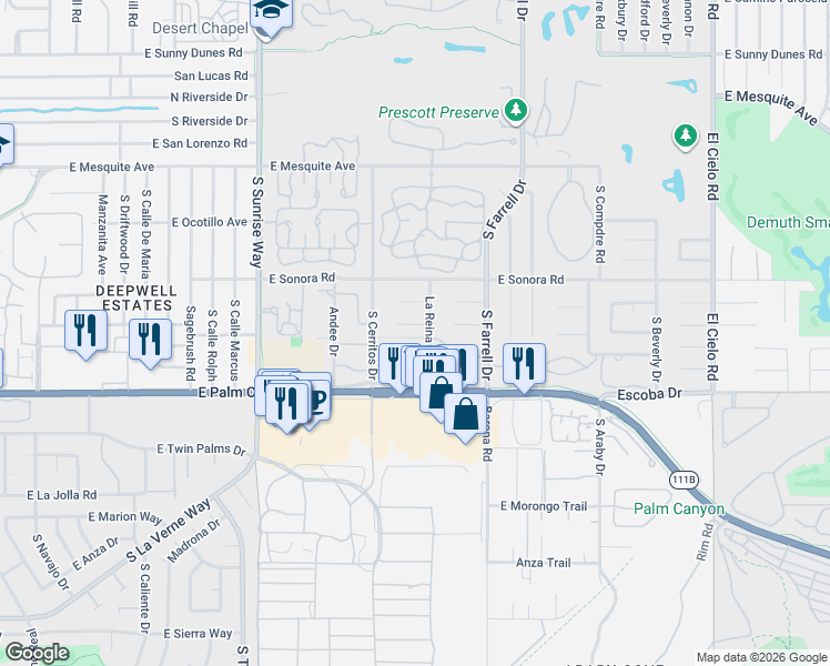 map of restaurants, bars, coffee shops, grocery stores, and more near 1516 La Reina Way in Palm Springs