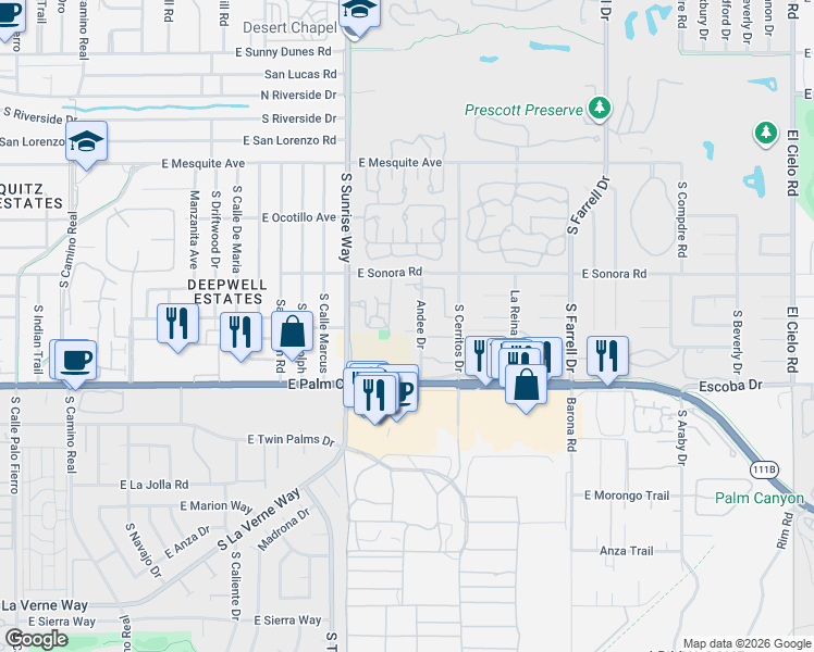 map of restaurants, bars, coffee shops, grocery stores, and more near 1930 East Renee Circle in Palm Springs