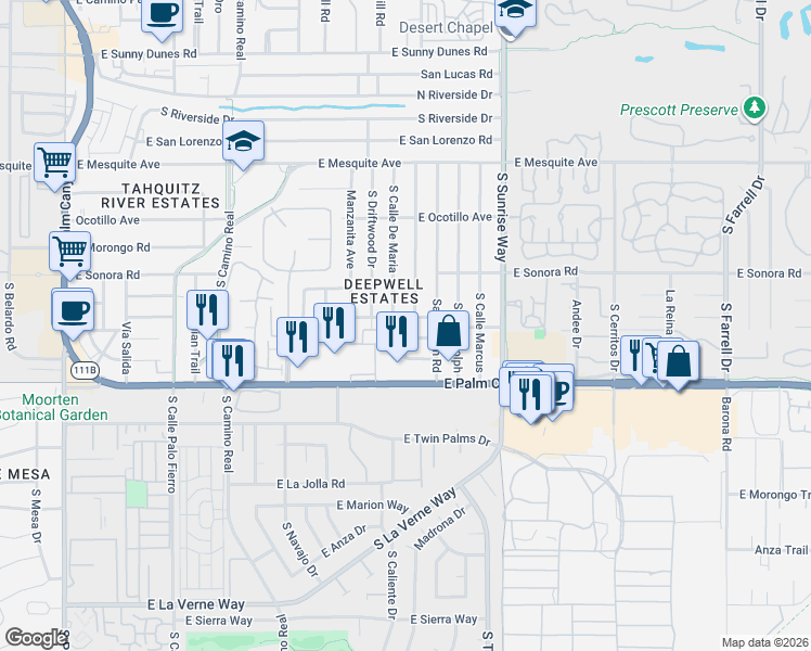 map of restaurants, bars, coffee shops, grocery stores, and more near 1515 South Paseo De Marcia in Palm Springs