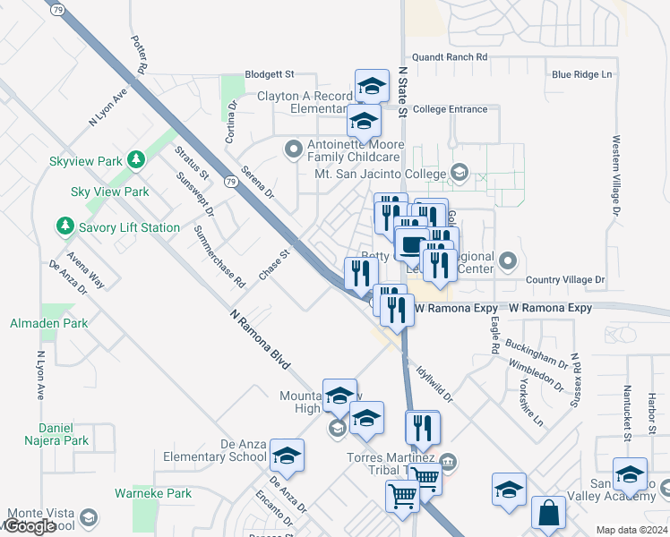 map of restaurants, bars, coffee shops, grocery stores, and more near 965 Acorn Drive in San Jacinto