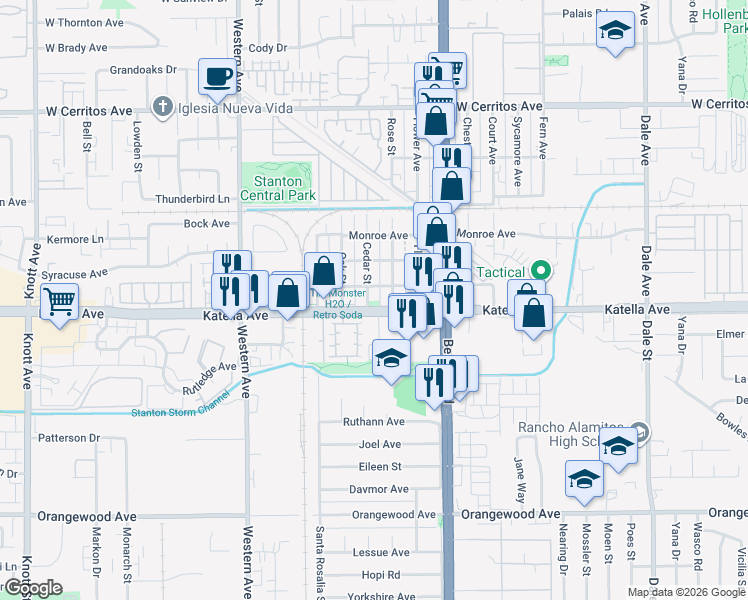 map of restaurants, bars, coffee shops, grocery stores, and more near 10902 Cedar Street in Stanton
