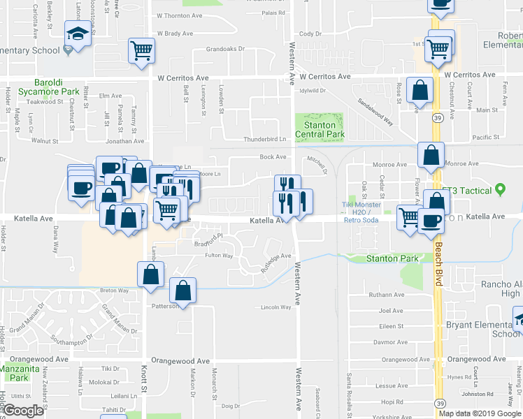map of restaurants, bars, coffee shops, grocery stores, and more near 7444 Skyline Drive in Stanton
