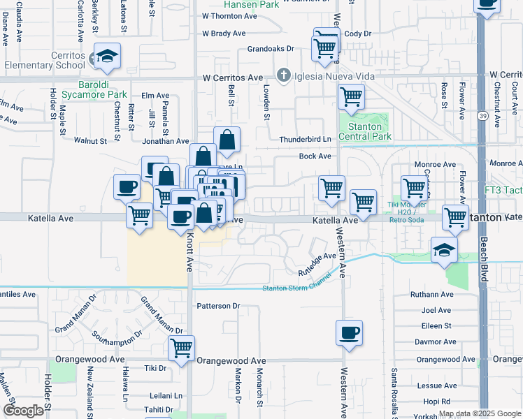 map of restaurants, bars, coffee shops, grocery stores, and more near 7230 Syracuse Avenue in Stanton