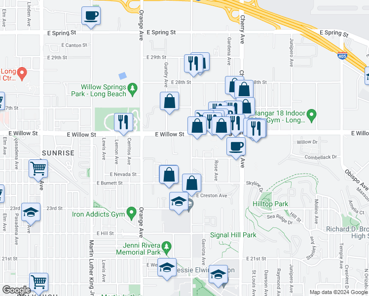 map of restaurants, bars, coffee shops, grocery stores, and more near 1460 East Willow Street in Signal Hill