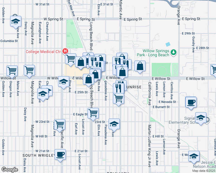 map of restaurants, bars, coffee shops, grocery stores, and more near 520 East Willow Street in Long Beach
