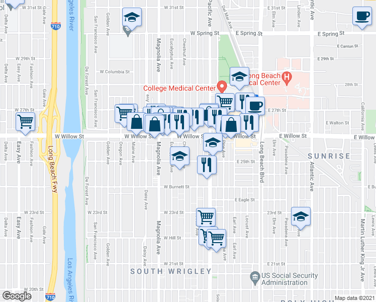 map of restaurants, bars, coffee shops, grocery stores, and more near 330 West Willow Street in Long Beach