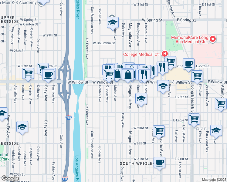 map of restaurants, bars, coffee shops, grocery stores, and more near 630 25th Way in Long Beach