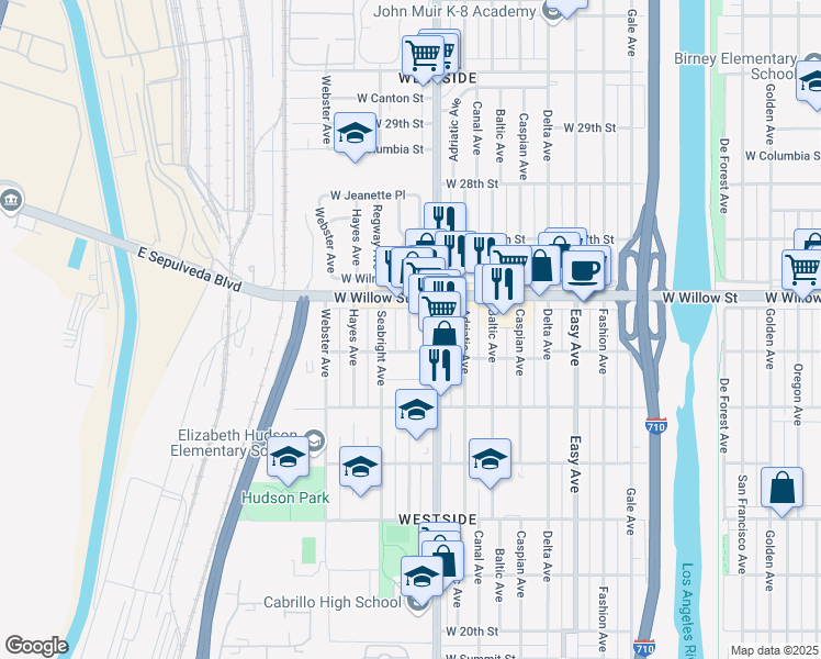 map of restaurants, bars, coffee shops, grocery stores, and more near 2572 Cota Avenue in Long Beach