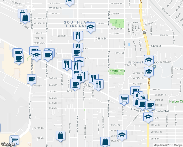 map of restaurants, bars, coffee shops, grocery stores, and more near 2067 Lomita Park Place in Lomita