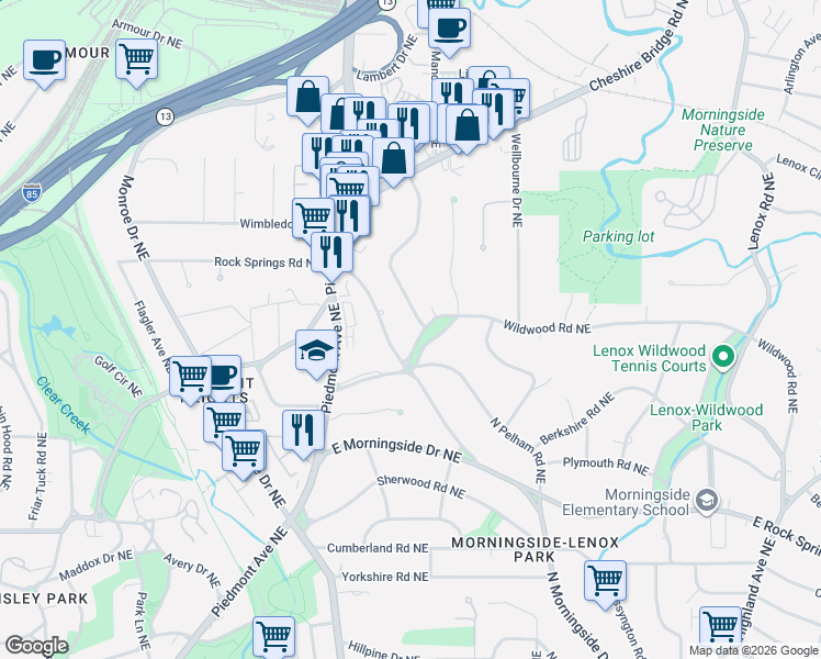 map of restaurants, bars, coffee shops, grocery stores, and more near 1814 Windemere Drive Northeast in Atlanta