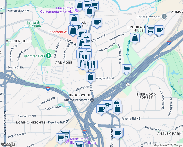 map of restaurants, bars, coffee shops, grocery stores, and more near 1801 U.S. 19 in Atlanta