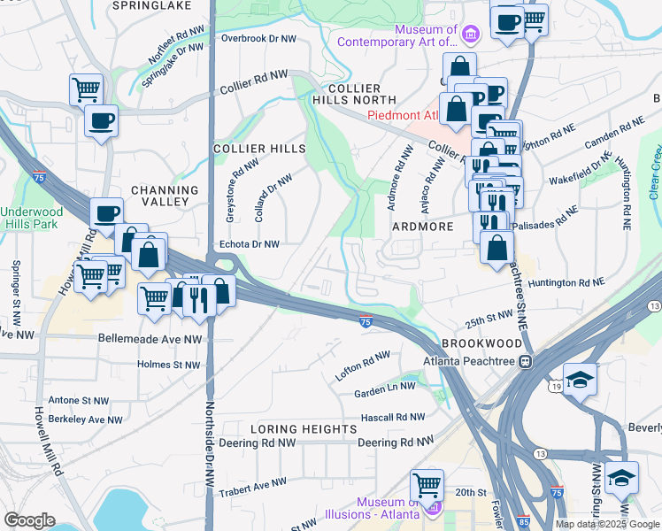 map of restaurants, bars, coffee shops, grocery stores, and more near 225 26th Street Northwest in Atlanta