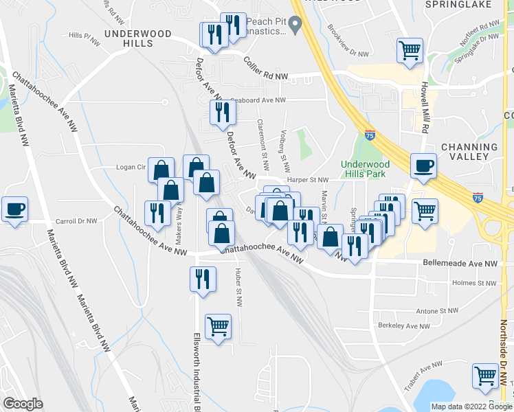 map of restaurants, bars, coffee shops, grocery stores, and more near 1155 Davis Place Northwest in Atlanta