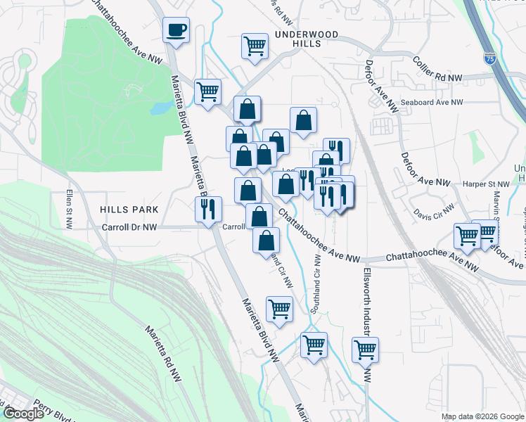 map of restaurants, bars, coffee shops, grocery stores, and more near 1398 Woodmont Lane Northwest in Atlanta