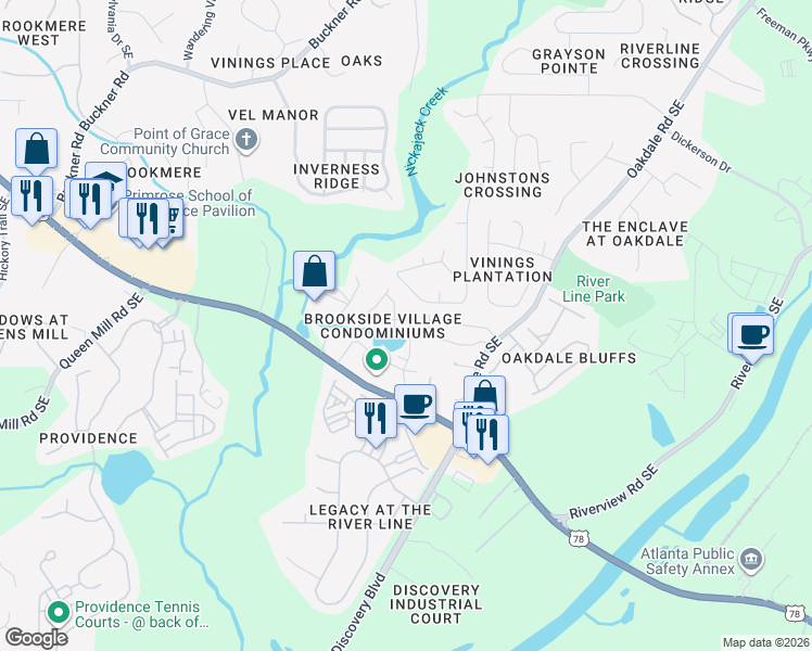 map of restaurants, bars, coffee shops, grocery stores, and more near 6102 Oakdale Ridge Place in Mableton