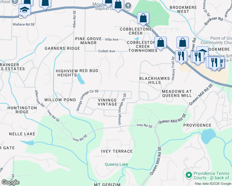 map of restaurants, bars, coffee shops, grocery stores, and more near 428 Vinings Vintage Circle in Mableton