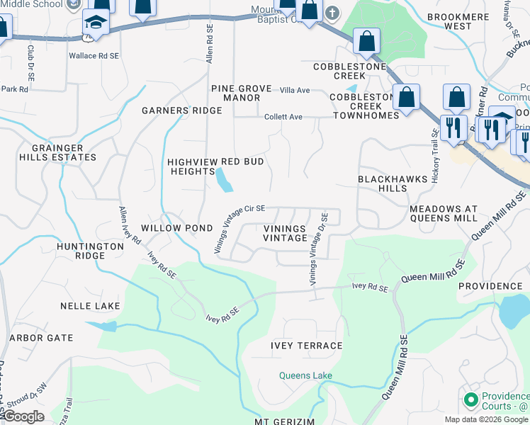 map of restaurants, bars, coffee shops, grocery stores, and more near 410 Vinings Vintage Circle Southeast in Mableton
