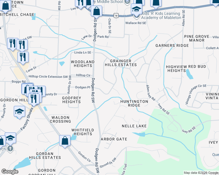 map of restaurants, bars, coffee shops, grocery stores, and more near 6081 Wedgewood Drive Southwest in Mableton