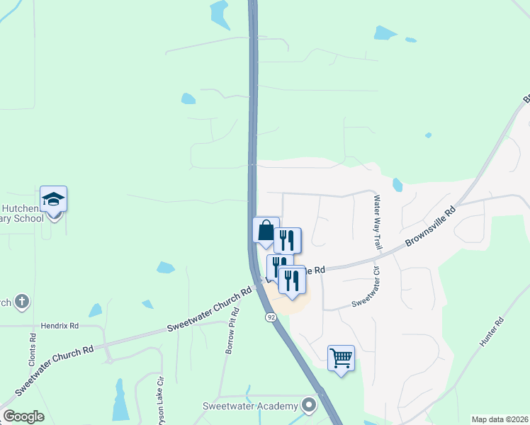 map of restaurants, bars, coffee shops, grocery stores, and more near 33 Sweetwater Drive in Powder Springs