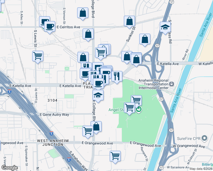 map of restaurants, bars, coffee shops, grocery stores, and more near 2100 East Katella Avenue in Anaheim