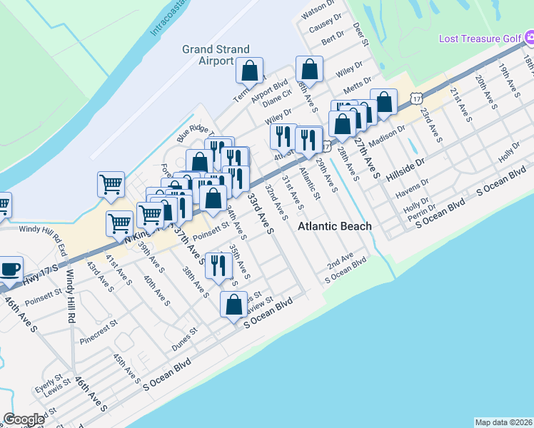 map of restaurants, bars, coffee shops, grocery stores, and more near 711 32nd Avenue South in Atlantic Beach