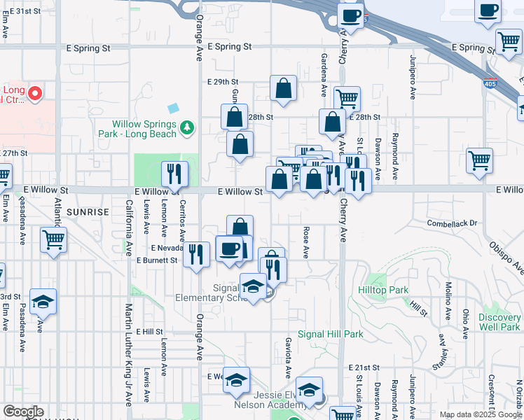 map of restaurants, bars, coffee shops, grocery stores, and more near 2599 Walnut Avenue in Signal Hill