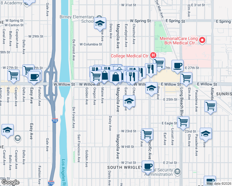 map of restaurants, bars, coffee shops, grocery stores, and more near 500 West Willow Street in Long Beach