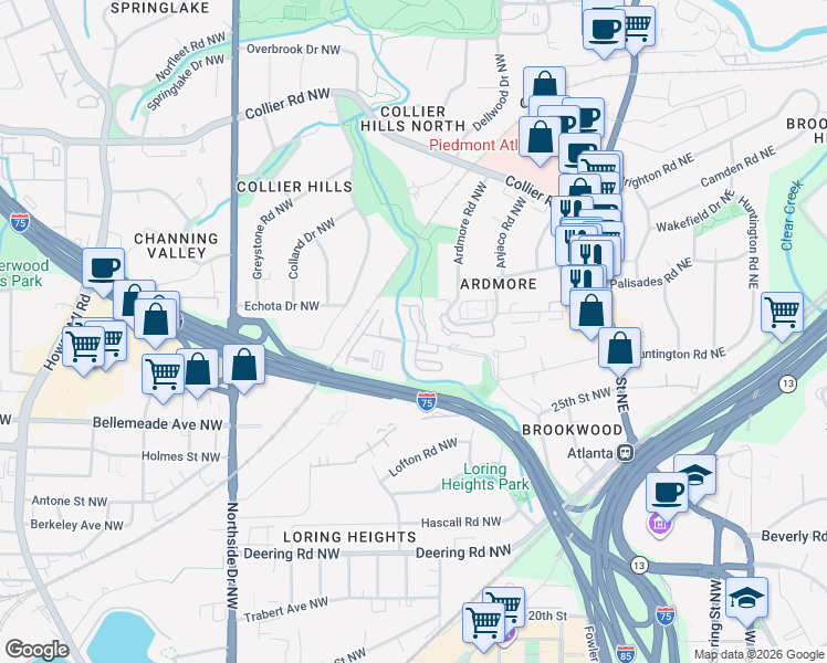 map of restaurants, bars, coffee shops, grocery stores, and more near 9 Ardmore Square Northwest in Atlanta