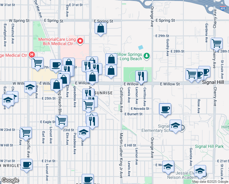 map of restaurants, bars, coffee shops, grocery stores, and more near 924 East Vernon Street in Signal Hill