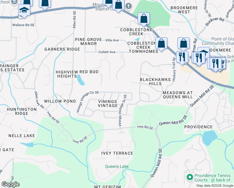 map of restaurants, bars, coffee shops, grocery stores, and more near 428 Vinings Vintage Circle in Mableton