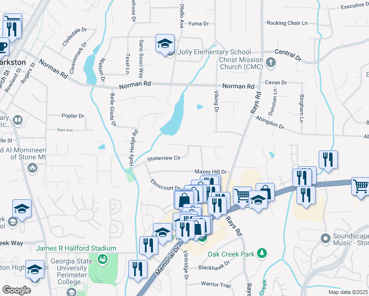 map of restaurants, bars, coffee shops, grocery stores, and more near 4064 Stoneview Circle in Stone Mountain