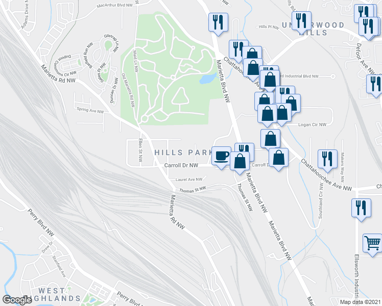 map of restaurants, bars, coffee shops, grocery stores, and more near 1760 Wenlock Ave NW in Atlanta