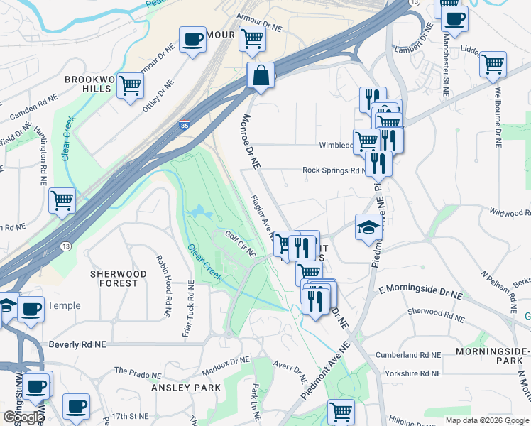 map of restaurants, bars, coffee shops, grocery stores, and more near 1777 Flagler Avenue Northeast in Atlanta