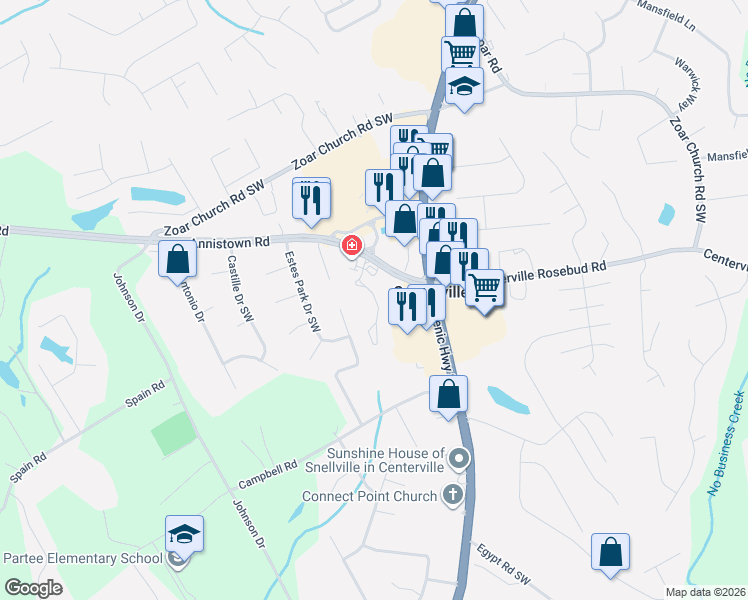 map of restaurants, bars, coffee shops, grocery stores, and more near 3974 Annistown Road in Snellville