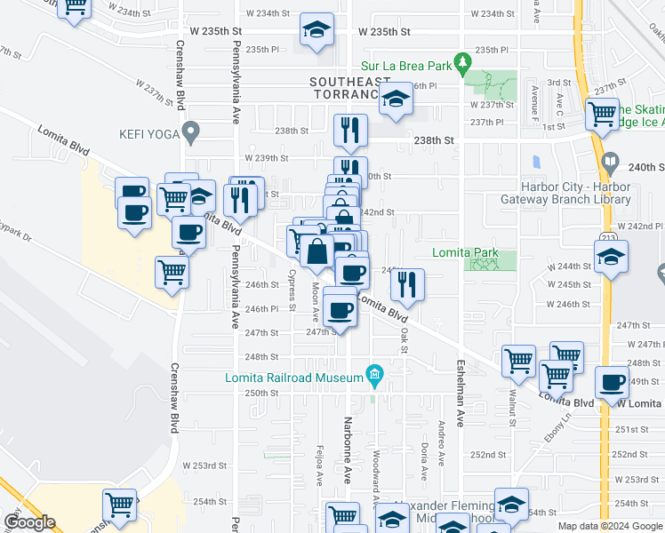 map of restaurants, bars, coffee shops, grocery stores, and more near 24420 Alliene Avenue in Lomita