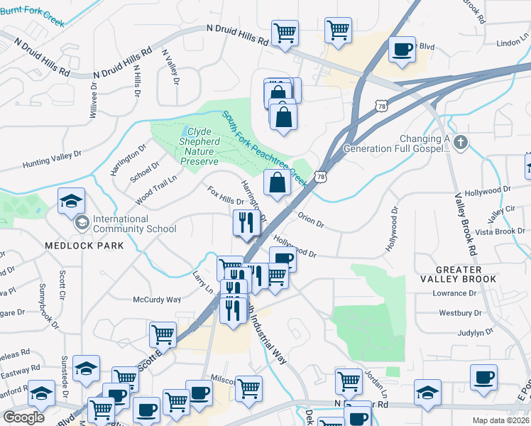 map of restaurants, bars, coffee shops, grocery stores, and more near 2722 Harrington Drive in Decatur