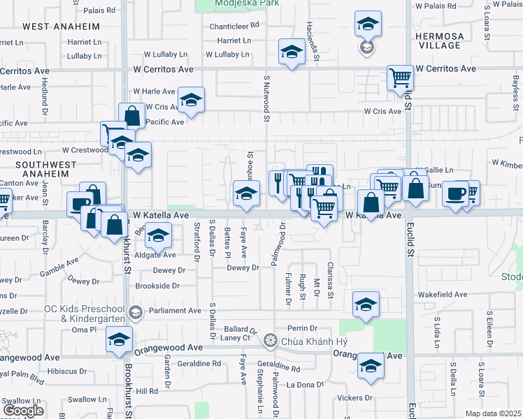 map of restaurants, bars, coffee shops, grocery stores, and more near 1747 South Nutwood Street in Anaheim
