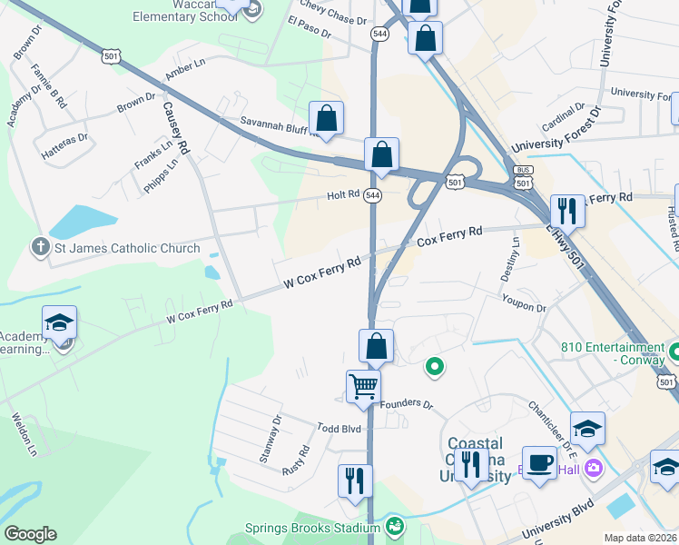 map of restaurants, bars, coffee shops, grocery stores, and more near 424 West Cox Ferry Road in Conway