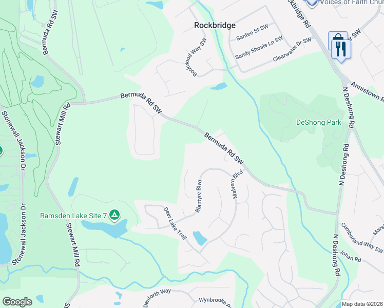 map of restaurants, bars, coffee shops, grocery stores, and more near 1319 Bermuda Road Southwest in Stone Mountain