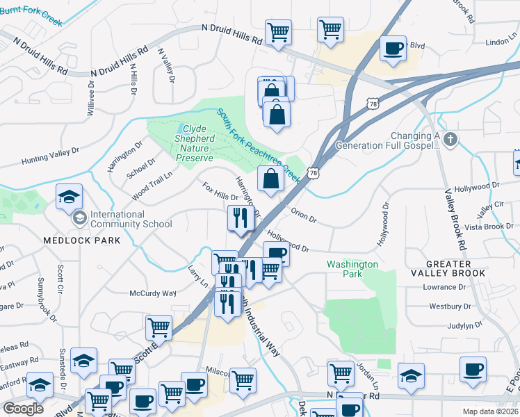 map of restaurants, bars, coffee shops, grocery stores, and more near 2722 Harrington Drive in Decatur