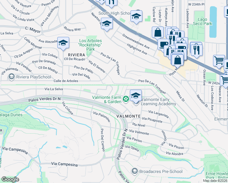 map of restaurants, bars, coffee shops, grocery stores, and more near 3649 Navajo Place in Palos Verdes Estates