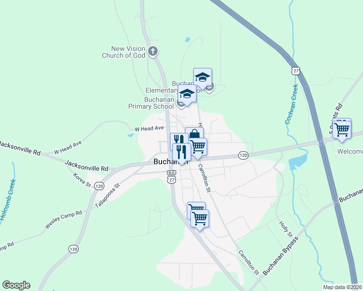 map of restaurants, bars, coffee shops, grocery stores, and more near 177 Van Wert Street in Buchanan