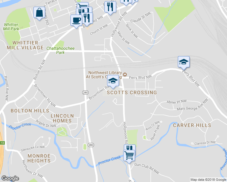 map of restaurants, bars, coffee shops, grocery stores, and more near 1752 Hollywood Rd in Atlanta