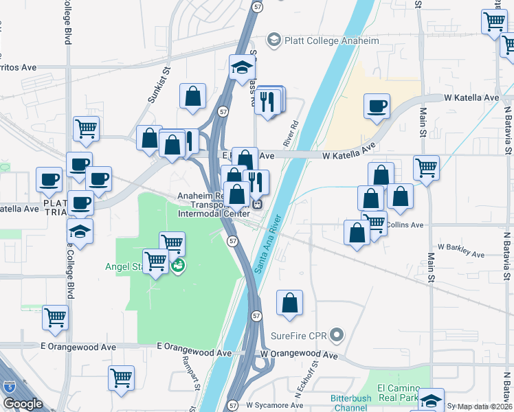 map of restaurants, bars, coffee shops, grocery stores, and more near 2626 East Katella Avenue in Anaheim