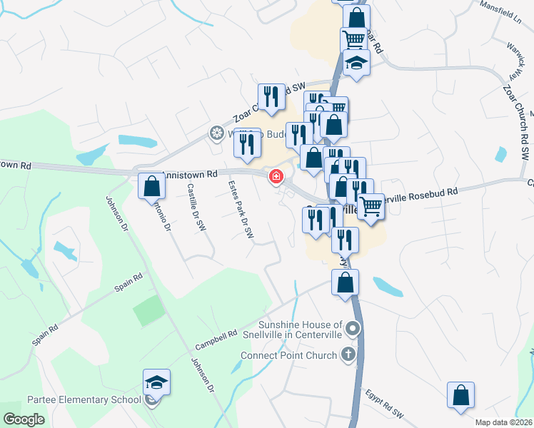 map of restaurants, bars, coffee shops, grocery stores, and more near 3448 Winston Mason Drive Southwest in Snellville