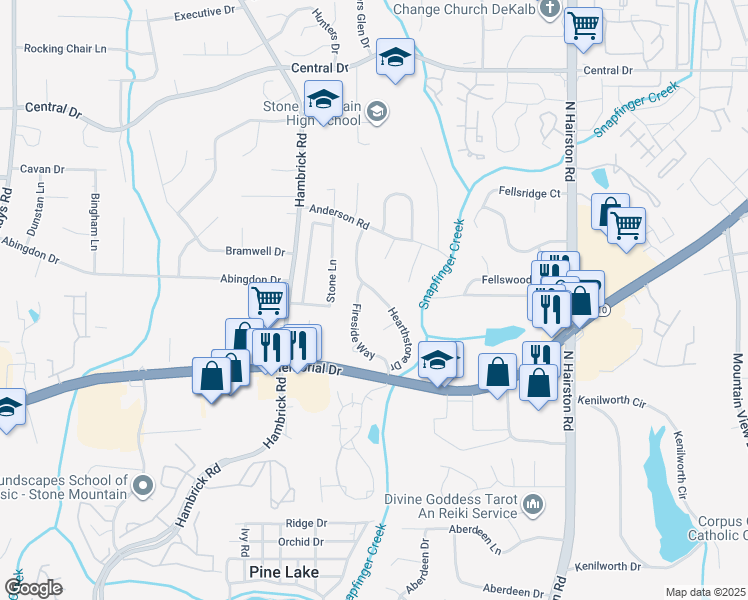 map of restaurants, bars, coffee shops, grocery stores, and more near 921 Hearthstone Drive in Stone Mountain