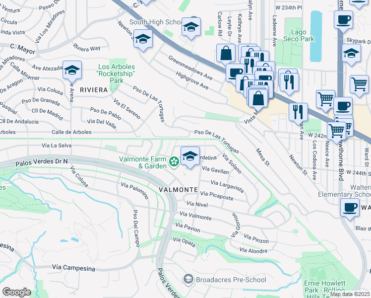 map of restaurants, bars, coffee shops, grocery stores, and more near 3905 Vía Solano in Palos Verdes Estates