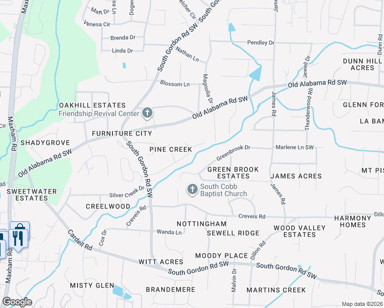map of restaurants, bars, coffee shops, grocery stores, and more near 1761 Pine Creek Drive in Austell