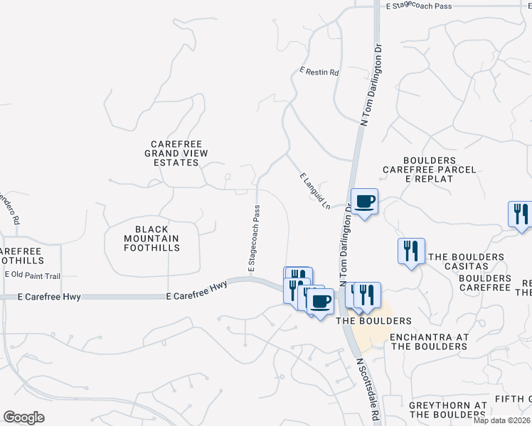 map of restaurants, bars, coffee shops, grocery stores, and more near 6863 East Stage Coach Pass in Carefree